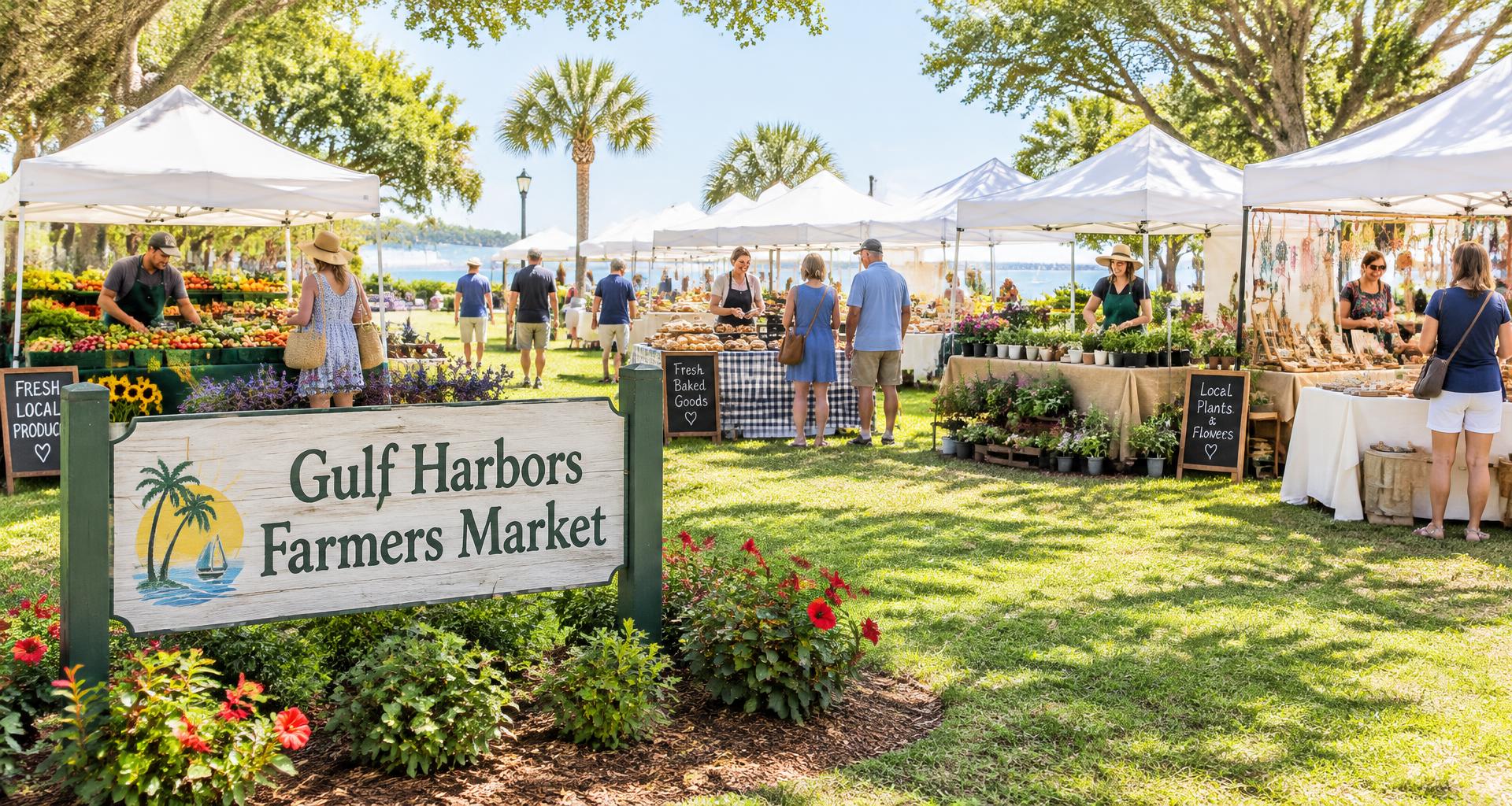 A sunny Gulf Harbors Farmers Market with white canopy stands, vendors with fresh produce, baked goods and plants, and shoppers at Gulf Harbors Neighborhood Park